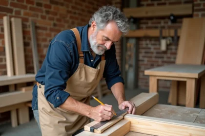 Menuisier professionnel mesurant un cadre de porte en bois dans un atelier de menuiserie, illustrant une formation pratique en menuiserie