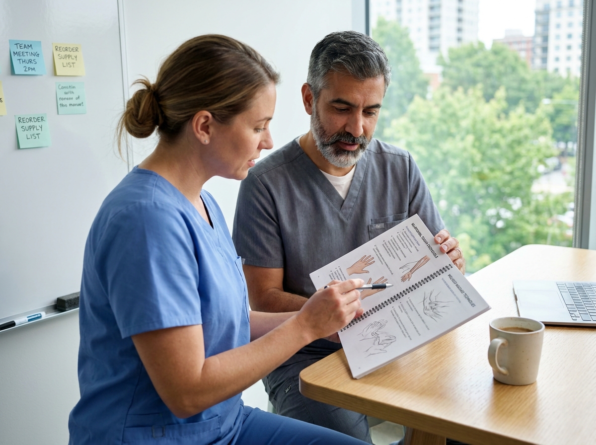 Deux professionnels de santé comparant les protocoles du toucher relationnel et du massage de bien-être à partir d'un manuel de formation