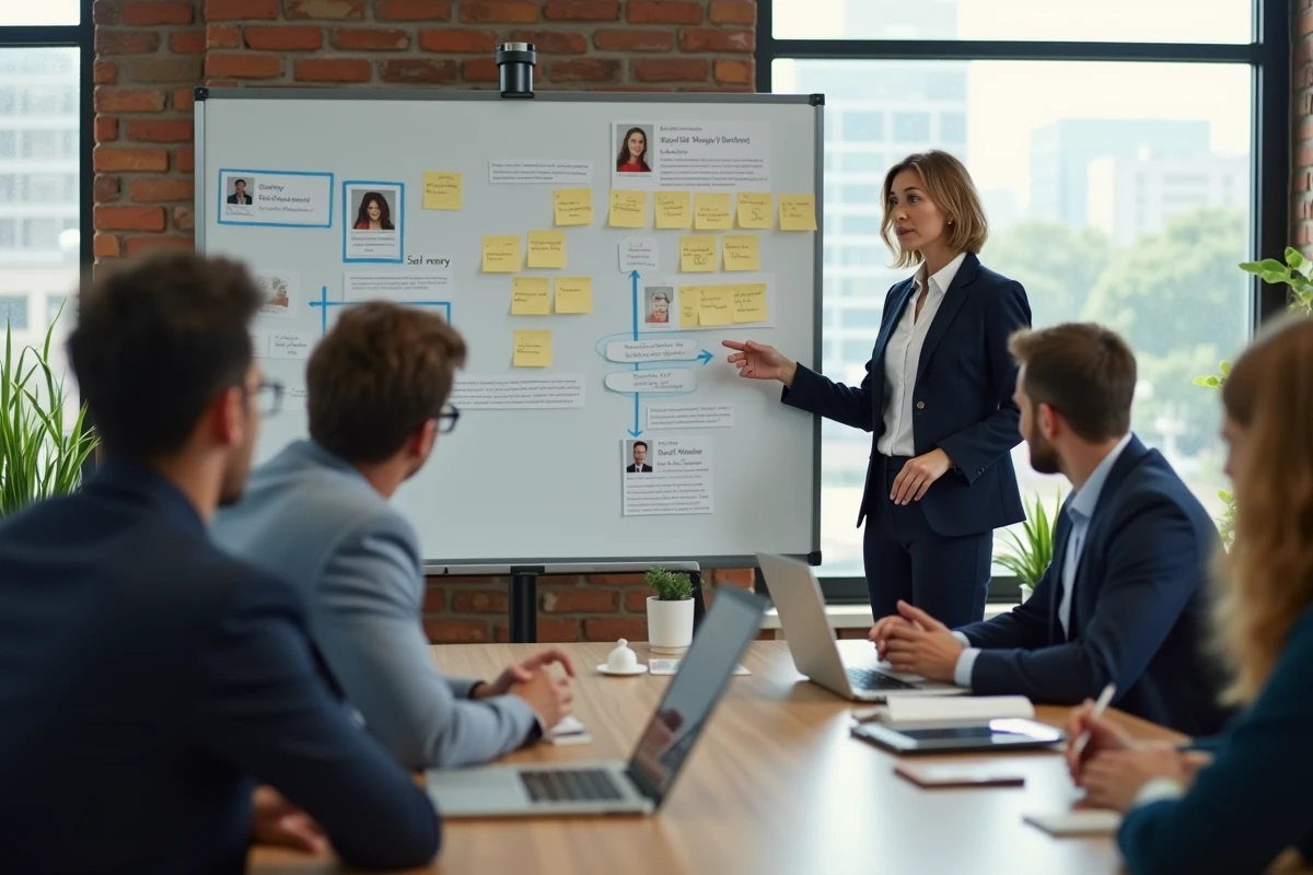Formatrice en social selling animant un atelier professionnel sur LinkedIn et l'outbound devant une équipe commerciale en entreprise