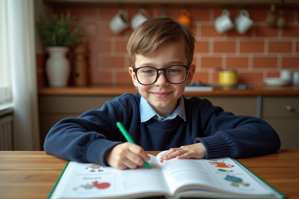 Jeune garçon de CE2 travaillant sur une fiche de lecture à la maison avec un livre ouvert