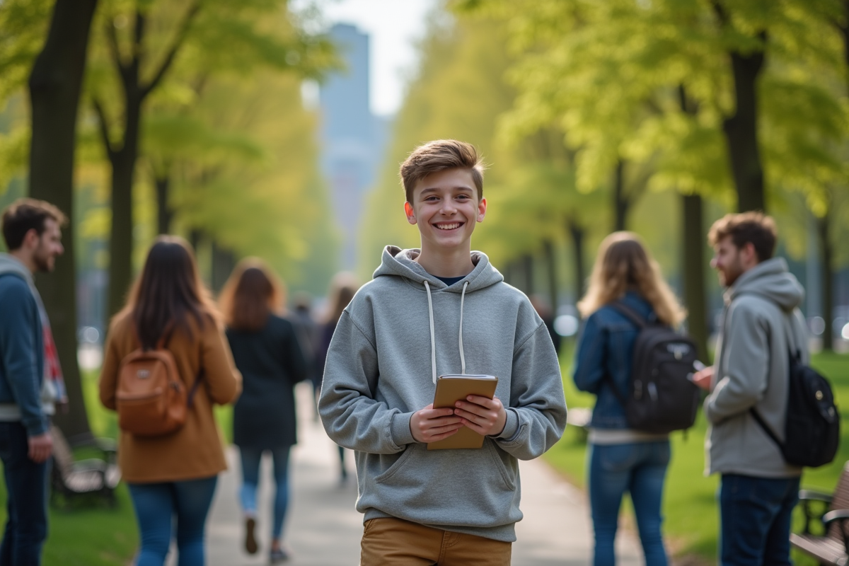 Adolescent souriant participant à un groupe de discussion en anglais dans un parc