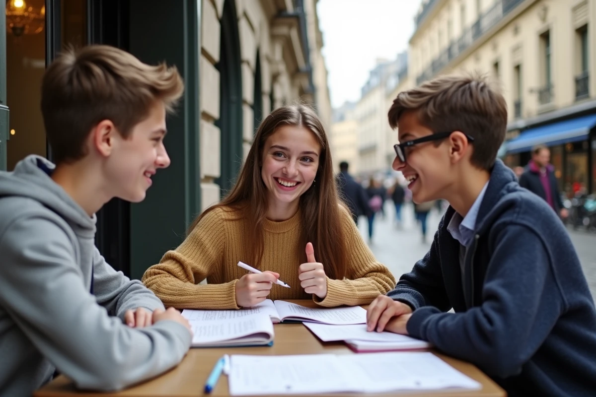 Groupe dados français discutant autour d un café en plein air