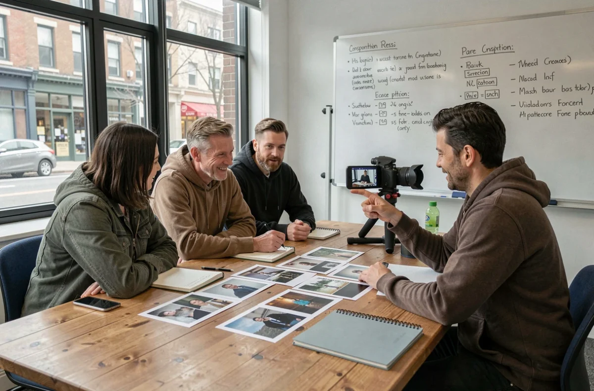 Groupe d'adultes débutants en cours de photographie avec un instructeur autour d'une table de travail