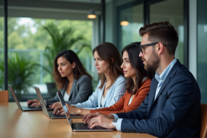 Équipe diversifiée utilisant une plateforme d'apprentissage AI en réunion