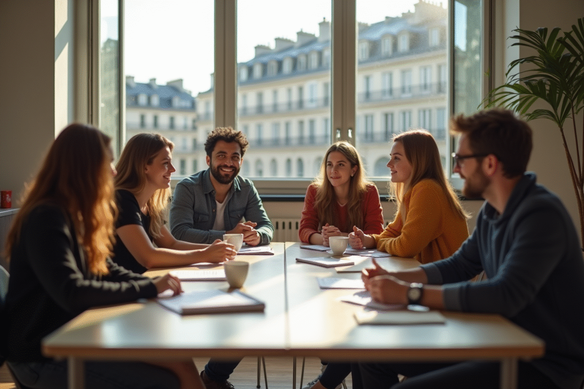 Groupe de jeunes discutant dans une salle lumineuse à Paris