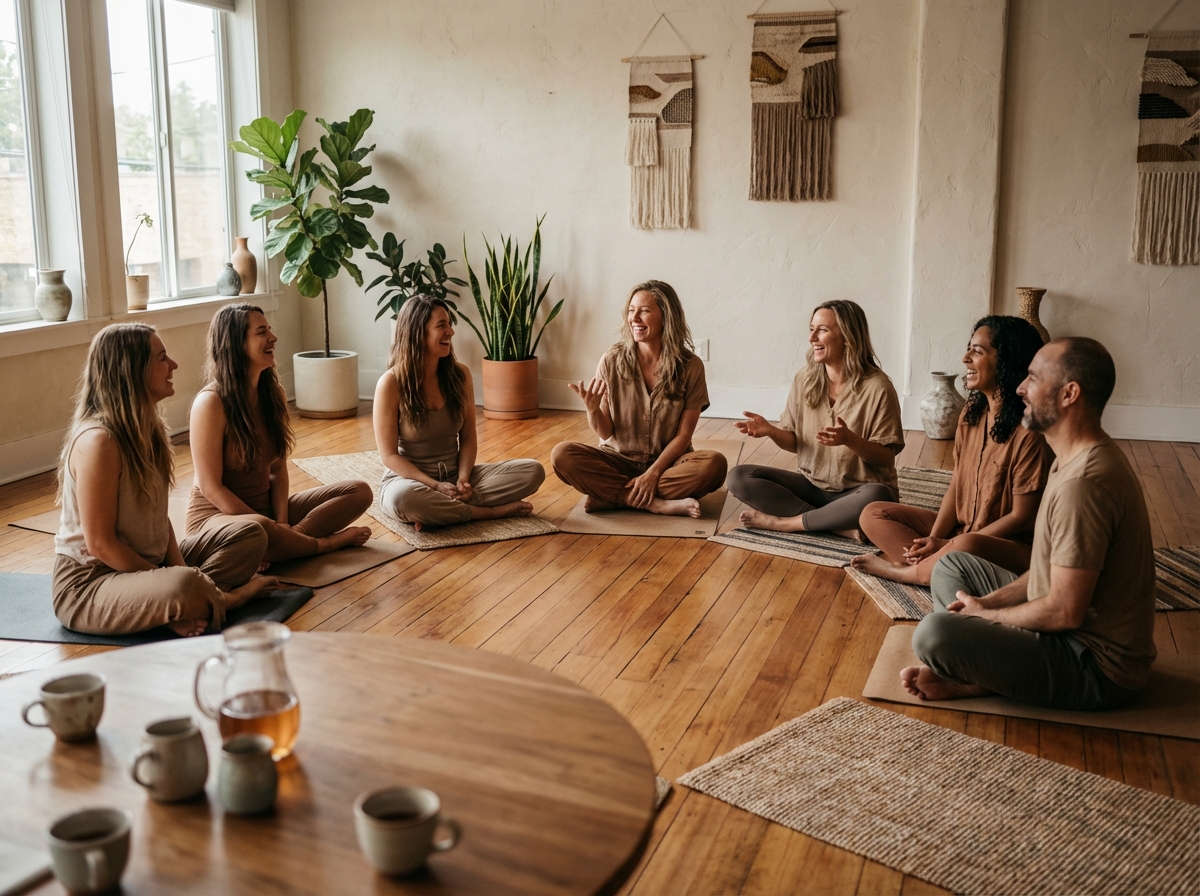 Groupe de personnes en discussion dans un studio zen