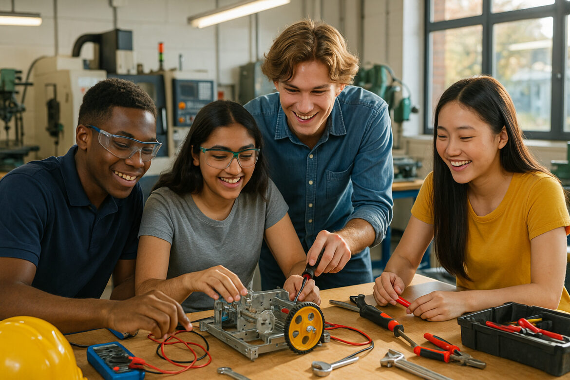 Groupe d'étudiants collaborant dans un atelier d'ingénierie moderne