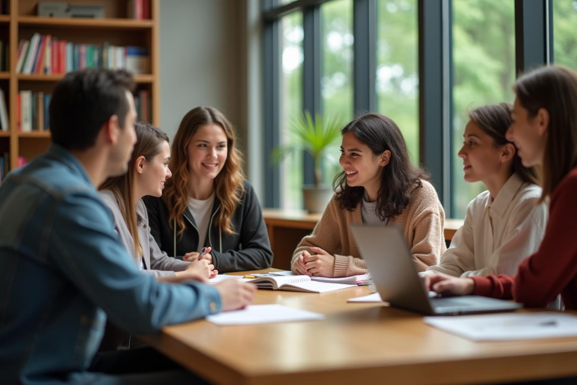 Groupe d'étudiants en bibliothèque universitaire en étude collaborative