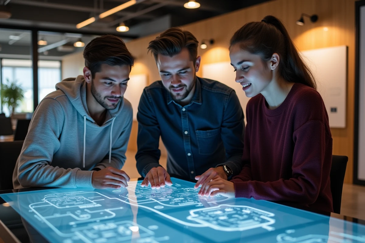 Groupe d'étudiants en master informatique Nexa collaborant sur des spécialisations en cybersécurité et architecture réseau dans un espace d'innovation