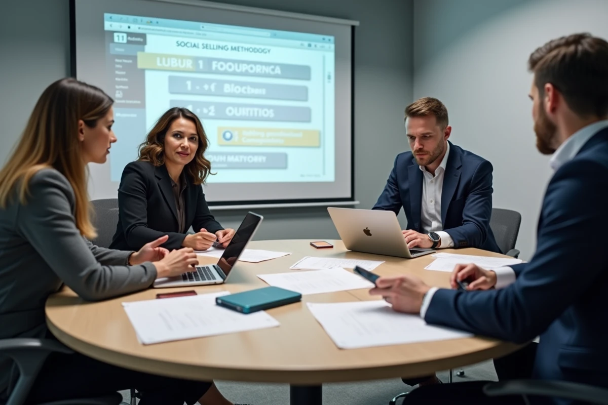 Groupe de commerciaux participant à une formation collective en social selling et techniques de prospection outbound