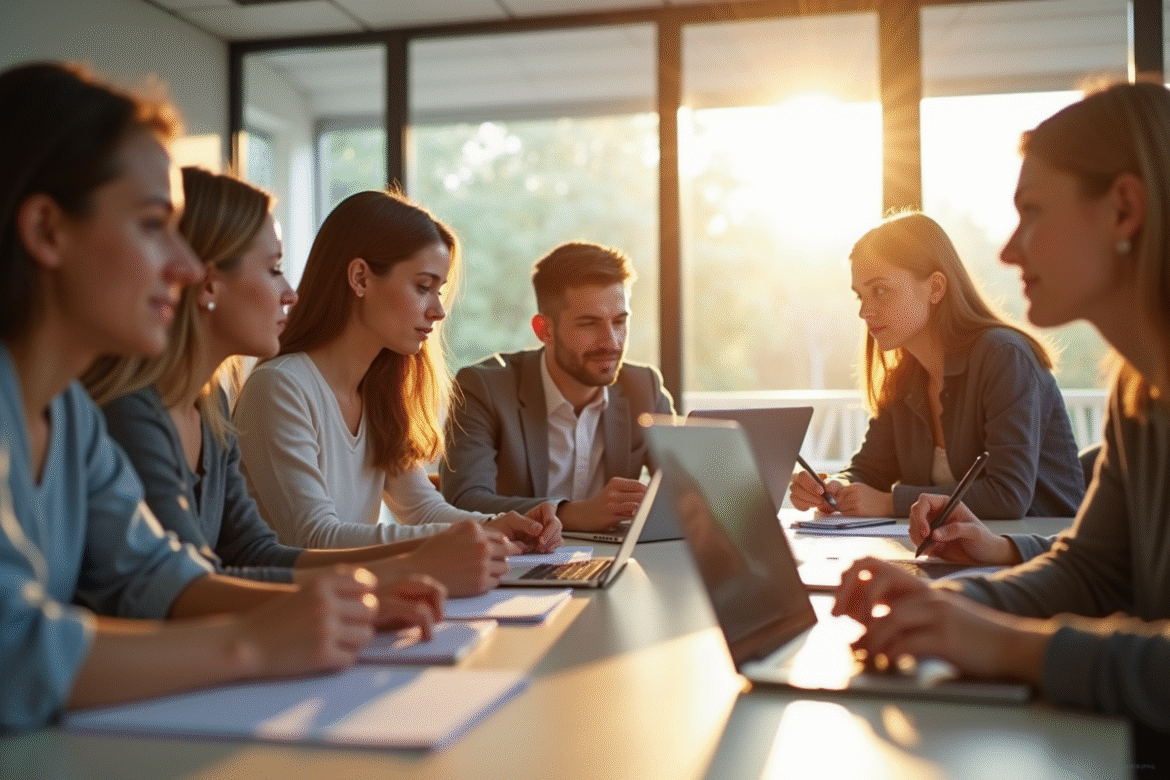 Jeunes adultes collaborant dans une salle lumineuse pour l article