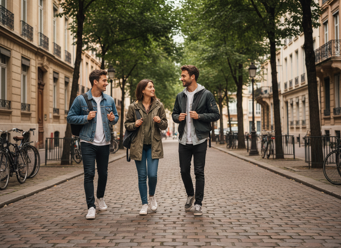 Groupe de jeunes marchant dans une rue lyonnaise