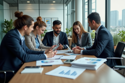Groupe de professionnels dans un bureau moderne lors d'une réunion