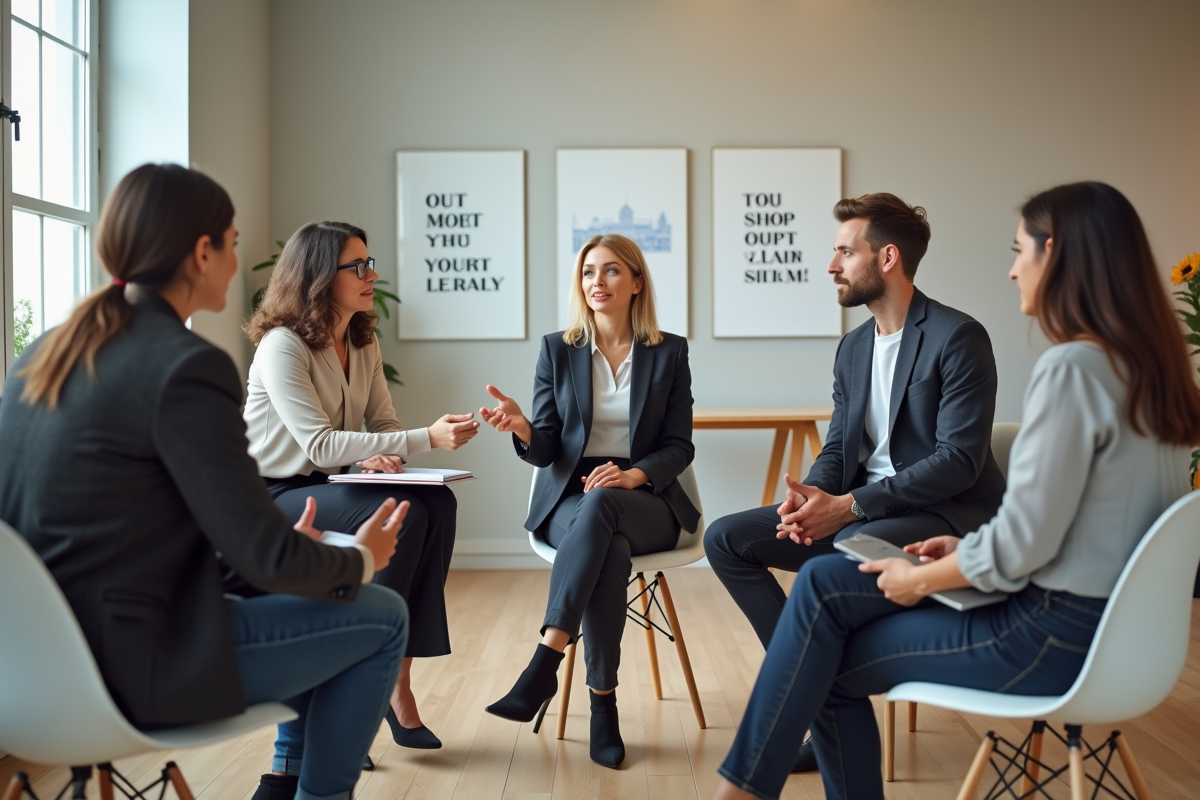 Groupe de quatre professionnels en atelier collaboratif