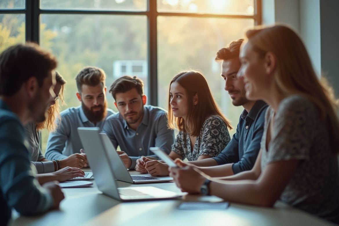 Groupe de jeunes professionnels en formation numérique dans un bureau lumineux