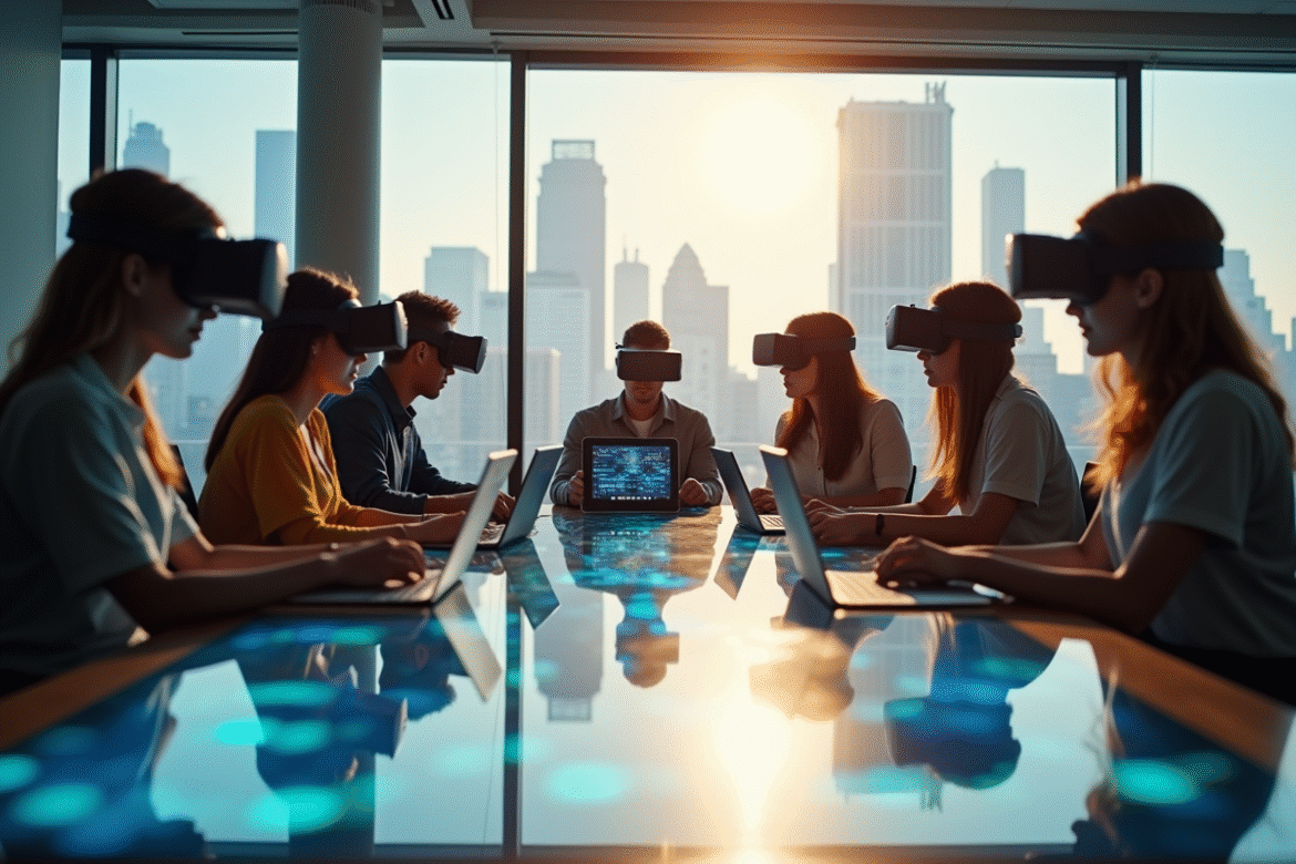Groupe de professionnels collaborant autour d'une table moderne en 2025