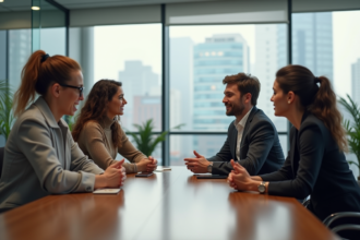 Groupe de quatre adultes en réunion dans un bureau moderne