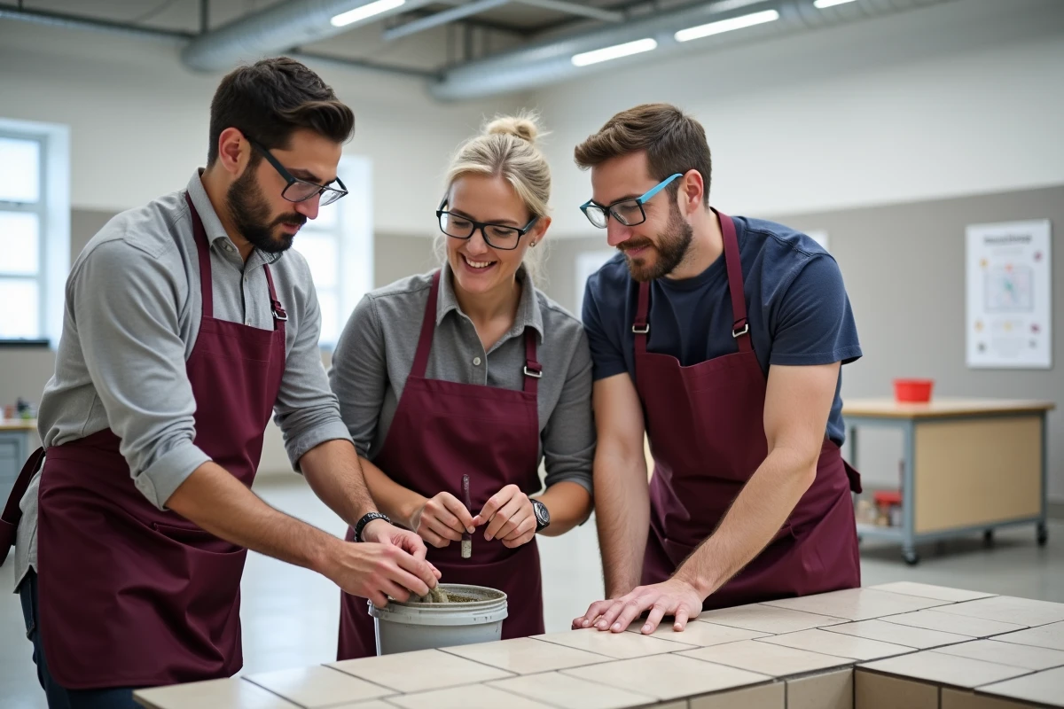 Groupe de stagiaires adultes pratiquant le carrelage lors d'une session de certification bricolage en centre de formation