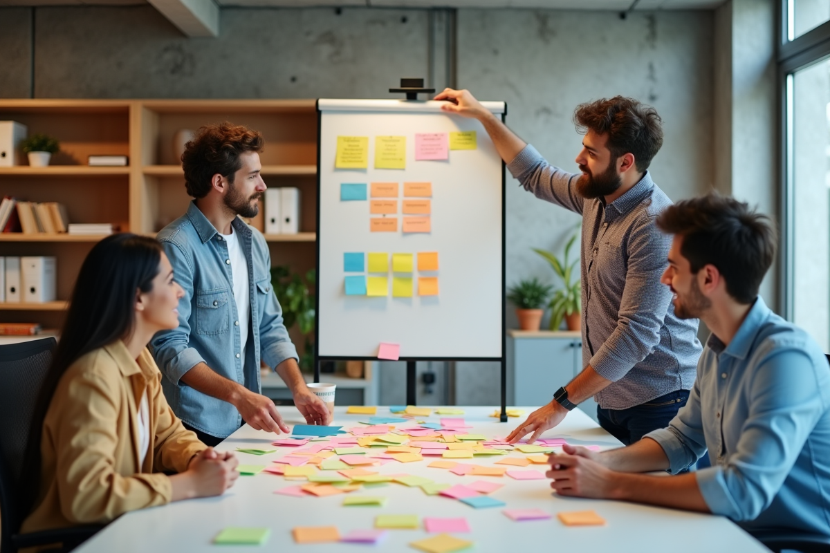 Groupe de jeunes adultes discutant autour d un tableau blanc