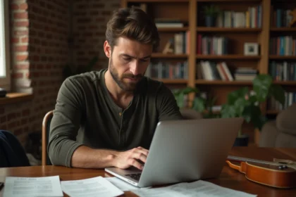 Guitariste frustré consultant une partition PDF sur ordinateur portable avec des feuilles de musique imprimées sur son bureau en bois