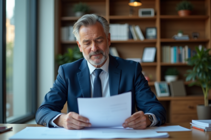 Homme d'affaires en costume bleu dans un bureau moderne