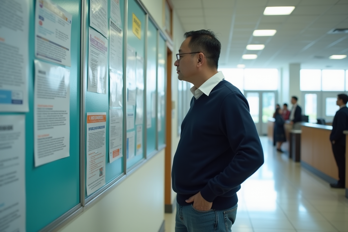Homme regardant les affichages sur le centre de formation
