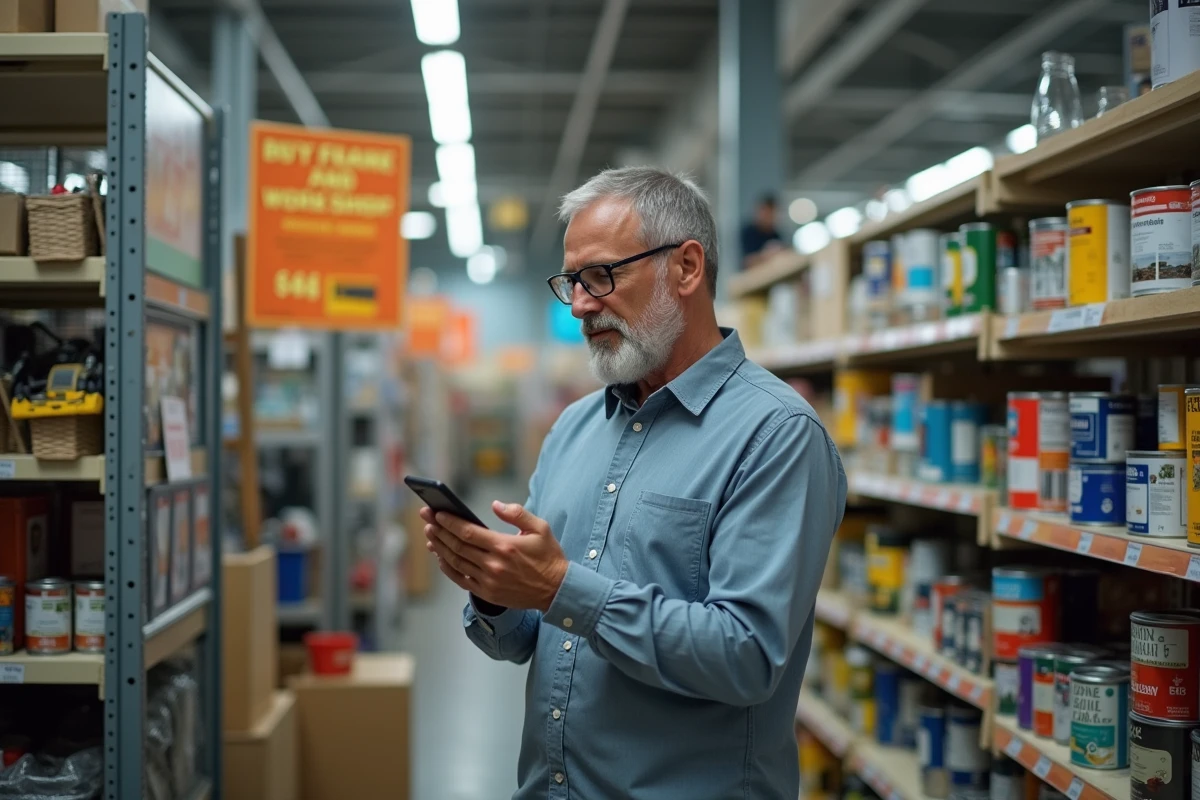 Homme regardant les panneaux d information dans un magasin de bricolage