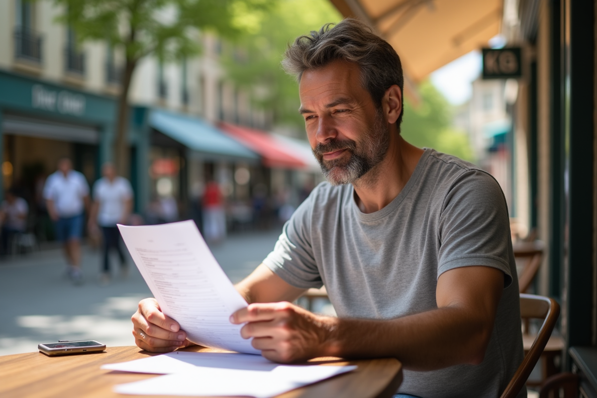 Homme lisant un formulaire de formation dans un café urbain