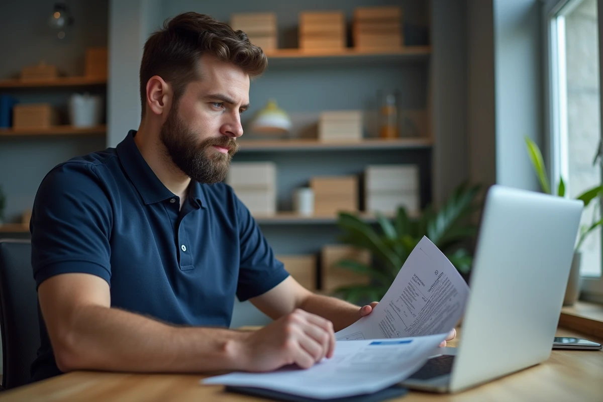 Homme consultant des documents de certification professionnelle CPF sur son bureau à domicile avec un ordinateur portable