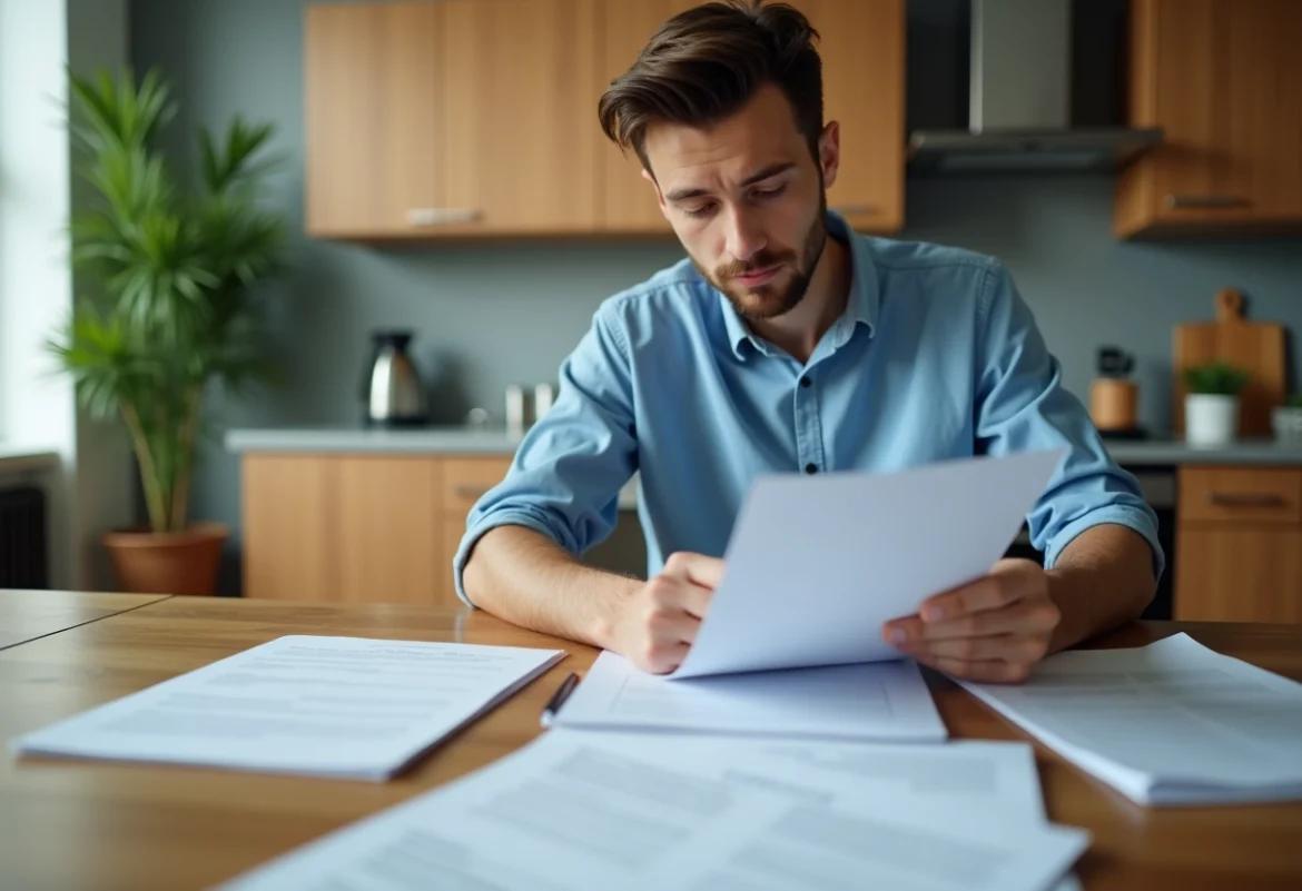 Jeune homme examine documents d'assurance à la maison
