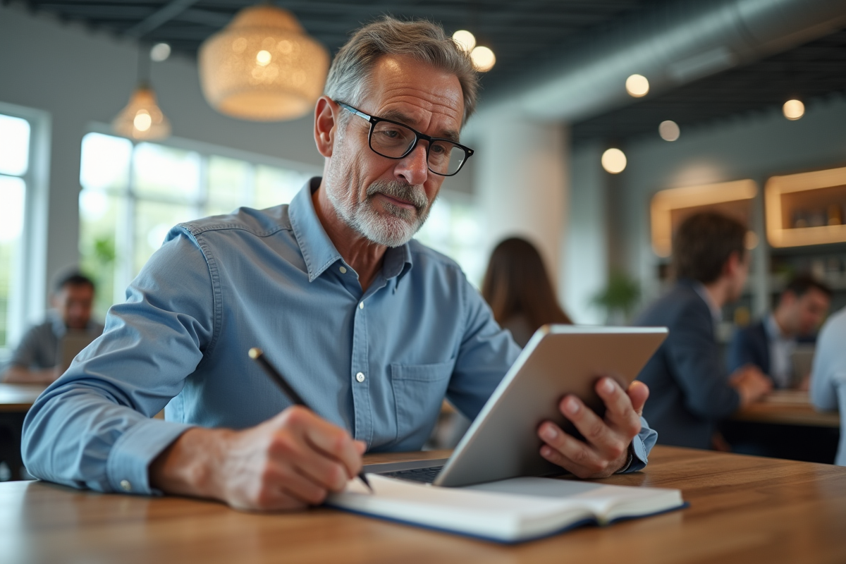 Homme mature étudiant en coworking avec tablette et notes