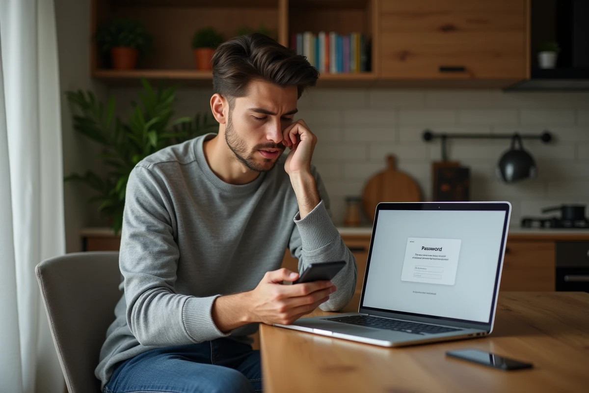 Jeune homme à la maison avec smartphone et lien mot de passe