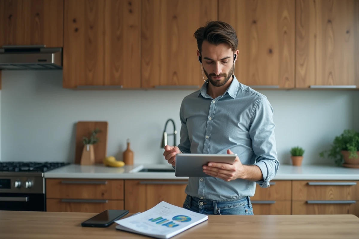 Homme dans la cuisine analysant des graphiques sur une tablette