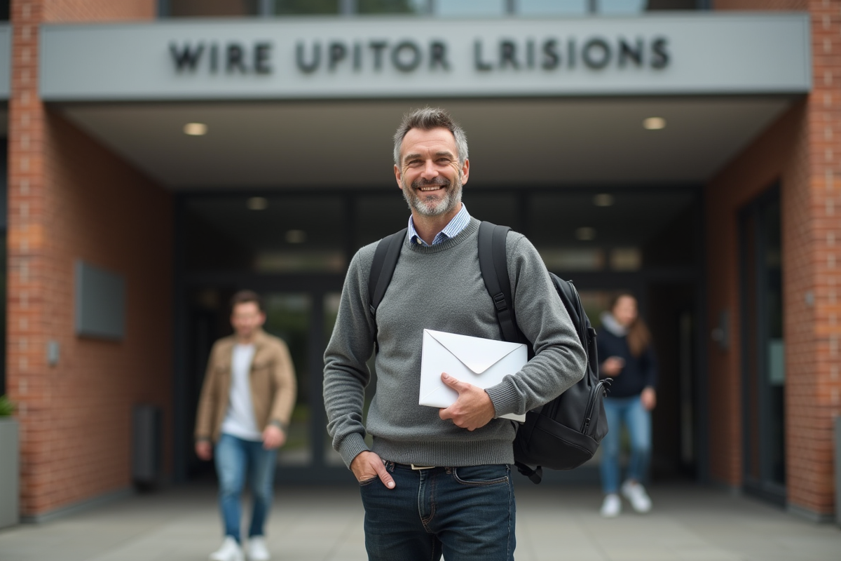 Homme souriant devant un bâtiment universitaire