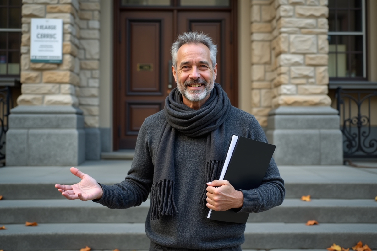 Homme debout devant un centre de formation municipal