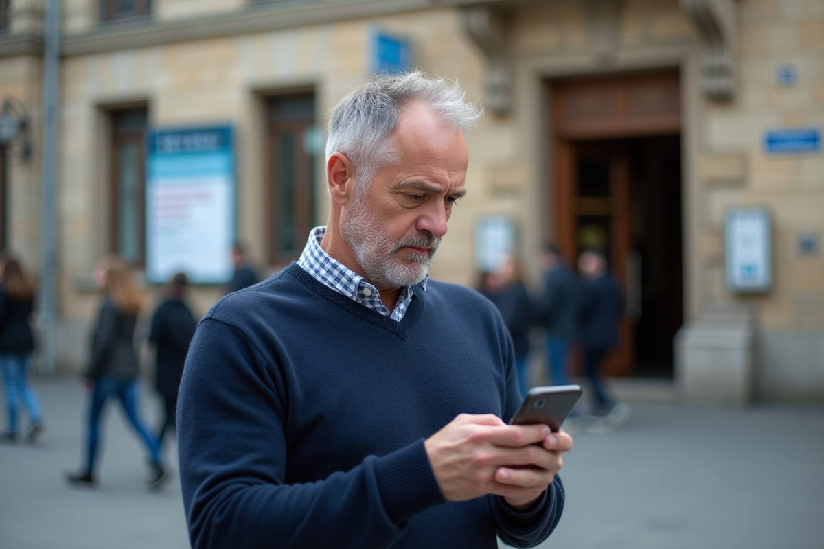 Homme en devant d’un bâtiment administratif en France