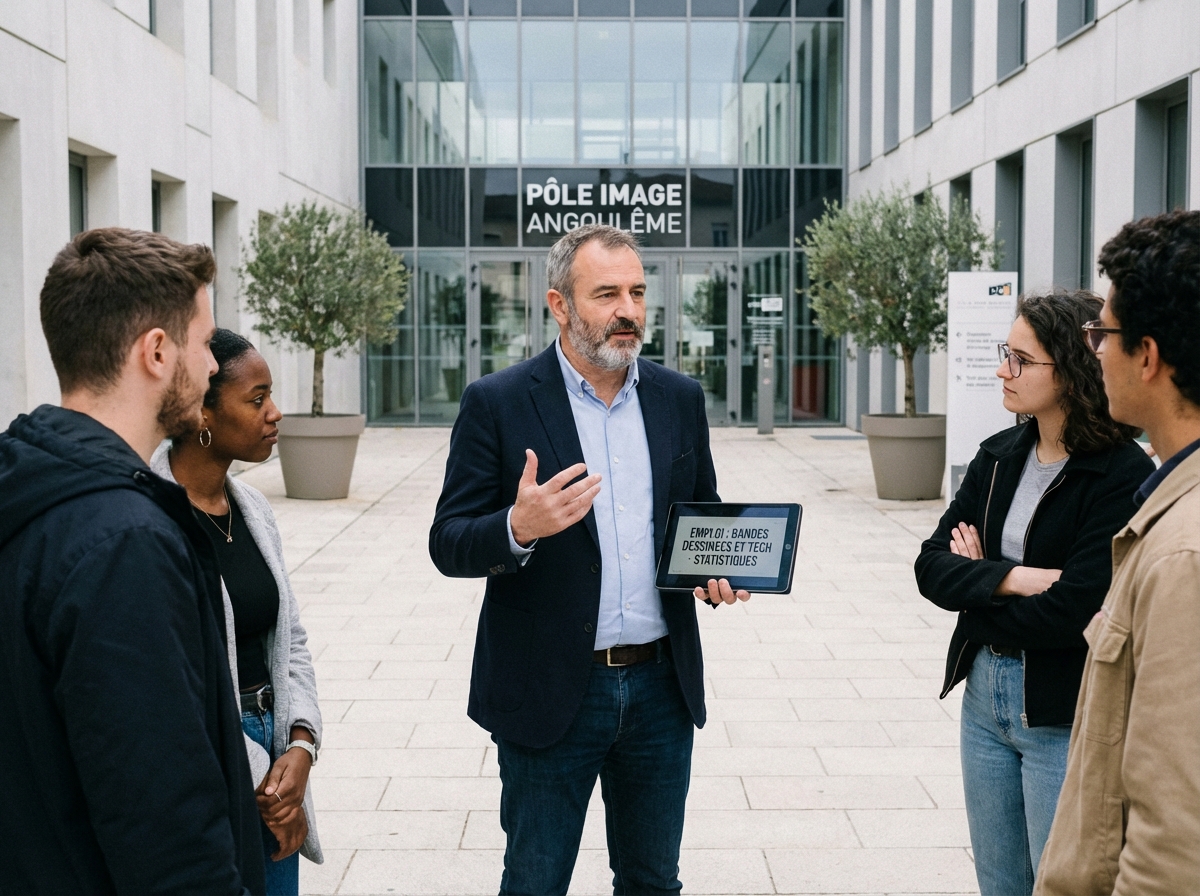 Homme en discussion avec un groupe devant un bâtiment moderne à Angoulême