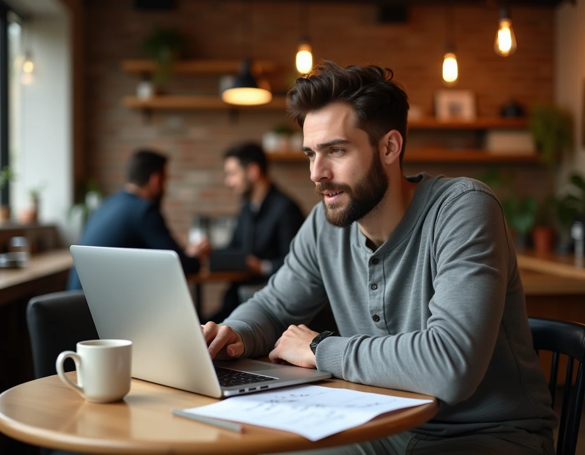 Homme révisant des exercices d'espagnol sur son ordinateur portable dans un café avec des notes imprimées