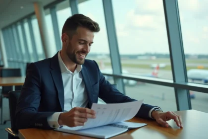 Homme en costume navy étudiant la formation aéronautique