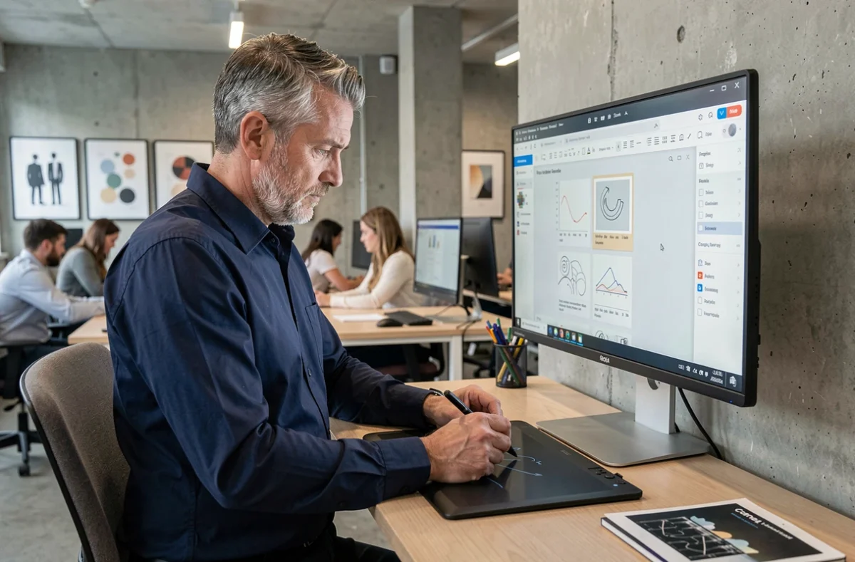 Homme adulte apprenant Canva sur un grand écran dans un bureau en open space moderne