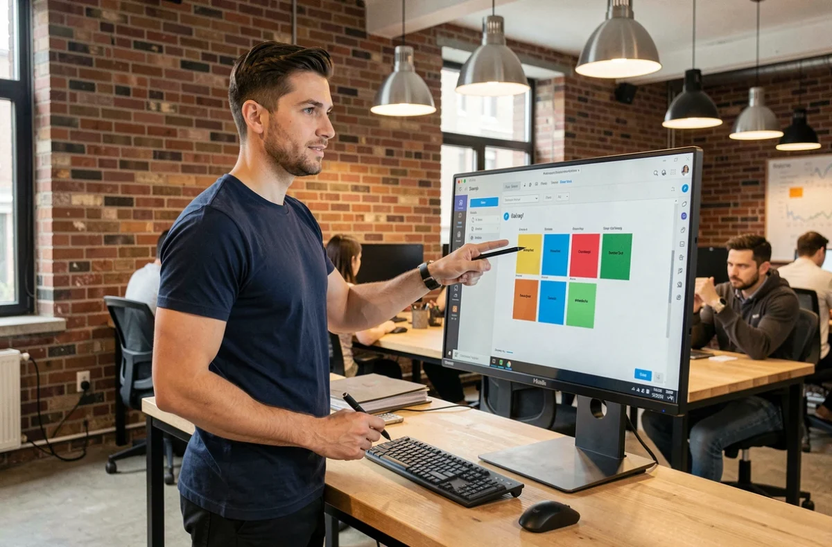 Homme en formation digitale Canva dans un espace de coworking moderne devant un grand écran