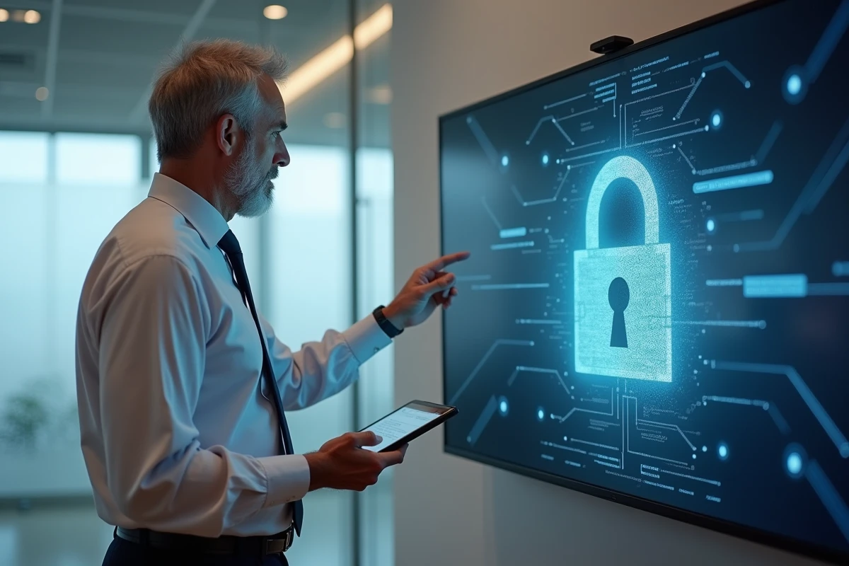 Homme avec tablette et ecran de verrou digital en salle de reunion