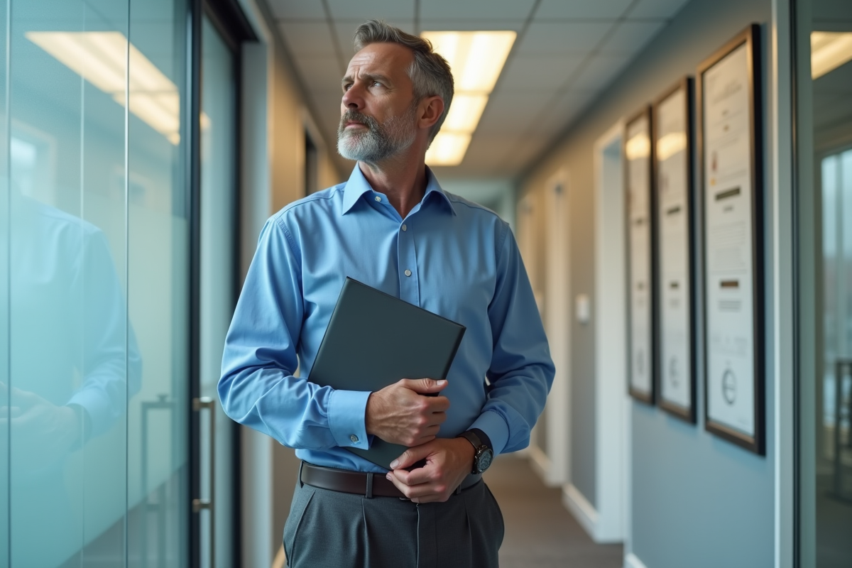 Homme pensif regardant par la fenêtre dans un couloir d