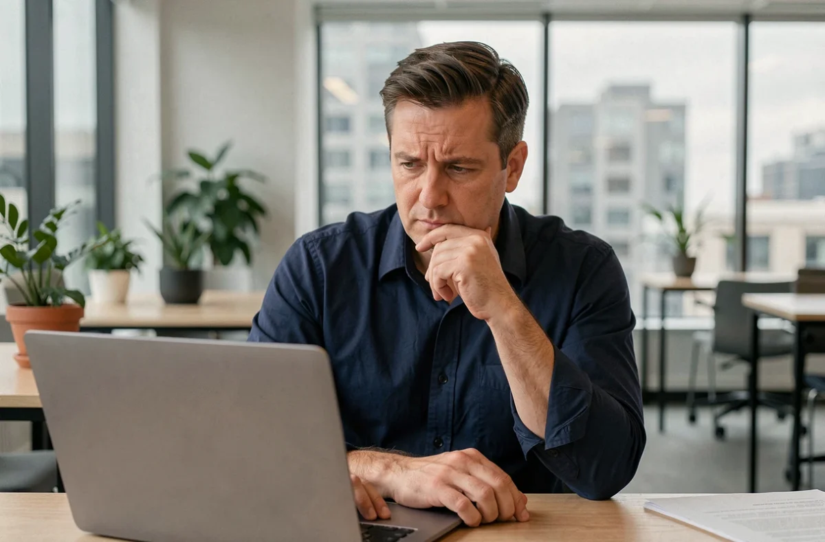 Homme relisant un document sur ordinateur portable dans un espace de coworking, perplexe face à une faute d'orthographe sur un participe passé
