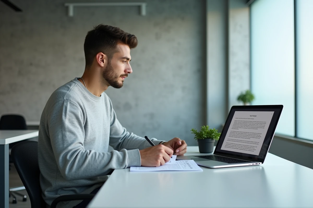 Jeune homme révisant la conclusion d'une lettre de motivation sur ordinateur dans un espace de coworking