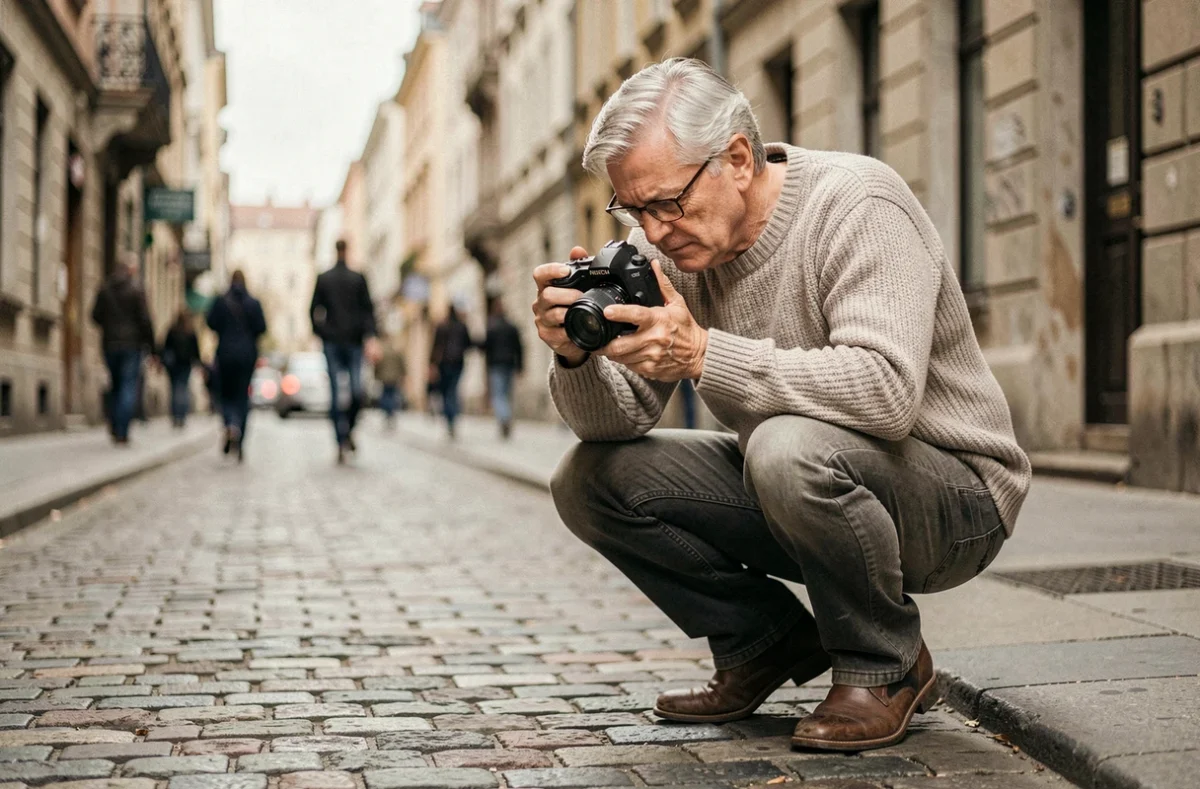 Homme adulte débutant pratiquant la photographie de rue en extérieur avec un appareil sans miroir
