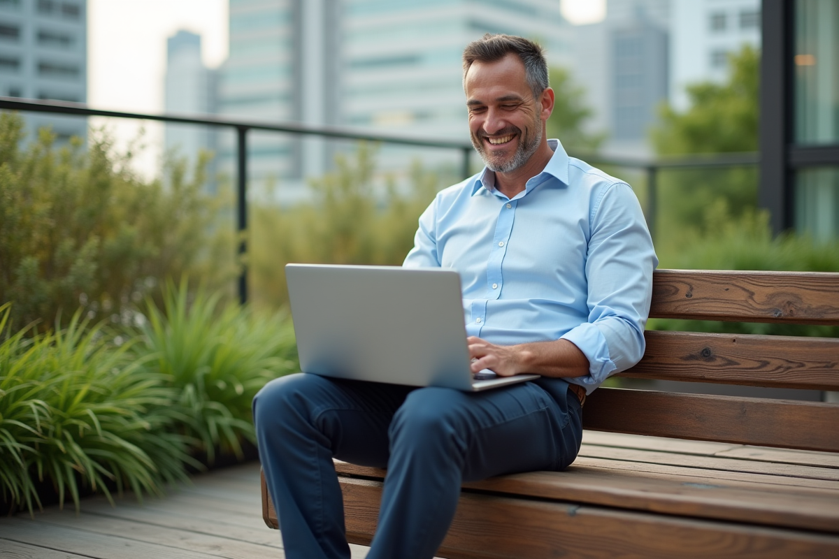 Homme d age moyen travaille en extérieur sur un rooftop urbain