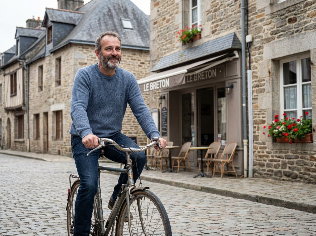 Homme à vélo dans une rue bretonne à Ploërmel