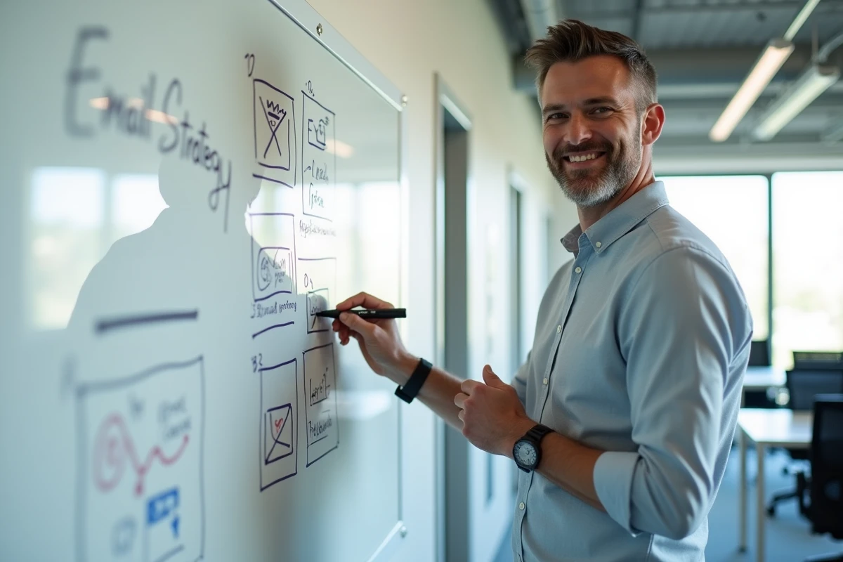 Homme expliquant une strategie email devant un tableau blanc
