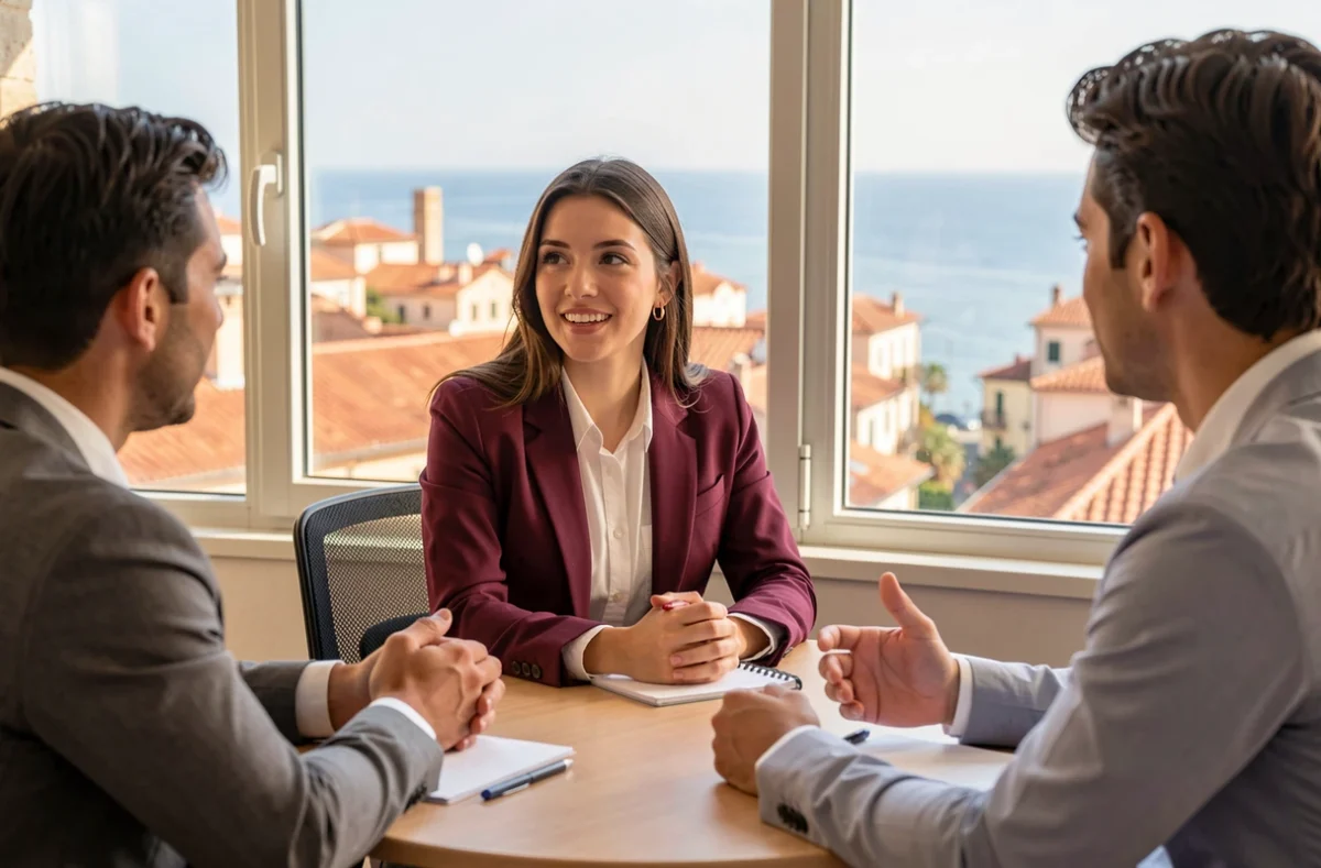 Étudiante de l'IAE Nice participant à une discussion en groupe dans une salle d'étude avec vue sur les toits de la vieille ville et la mer Méditerranée